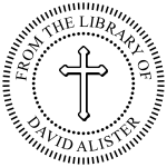 Order Now! Handheld Or Desktop Embosser with a 1-5/8" round 'From The Library Of' with cross design. Personalize it by adding your name. Free Shipping. No Sales Tax - Ever.