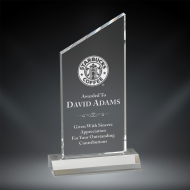 7 3/4" Clear rectangle shaped acrylic award with angled peak on top. Custom laser engraved with your submitted text or artwork. Free Shipping!