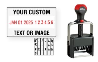 Order Now! Shiny 6406/DN Date & Number Stamp with Text. Add customized text or artwork around the adjustable date & number bands. Free Shipping. No Sales Tax - Ever!