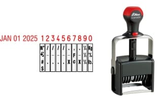 Order Now! Shiny 6410 Date & Number Stamp. Comes with date and 10 adjustable number bands with 0-9 and other symbols. Free Shipping. No Sales Tax - Ever!