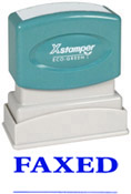 'FAXED' (B) pre-inked Xstamper stock stamps with a 1/2" x 1-5/8" impression size. Multiple ink colors available. Free same-day shipping! No sales tax!