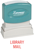 "LIBRARY MAIL" pre-inked Xstamper stock stamp with a 1/2" x 1-5/8" impression size. Multiple ink colors available. Free same-day shipping! No sales tax!